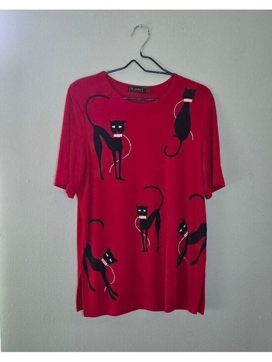 Tops - Vintage Picadilly Fashions Red Black Cat Graphic Tunic Top XL